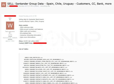 Post con venta de datos del Santander